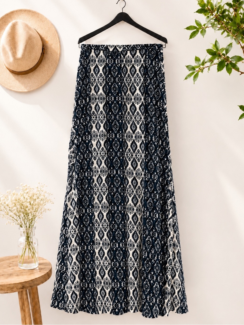 Boho Ikat Printed Maxi Skirt | Black & Ivory | Lily White | Size Small